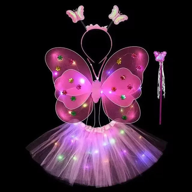 LED Glow Butterfly Wing Luminous Flashing Skirt Lights Princess Dress