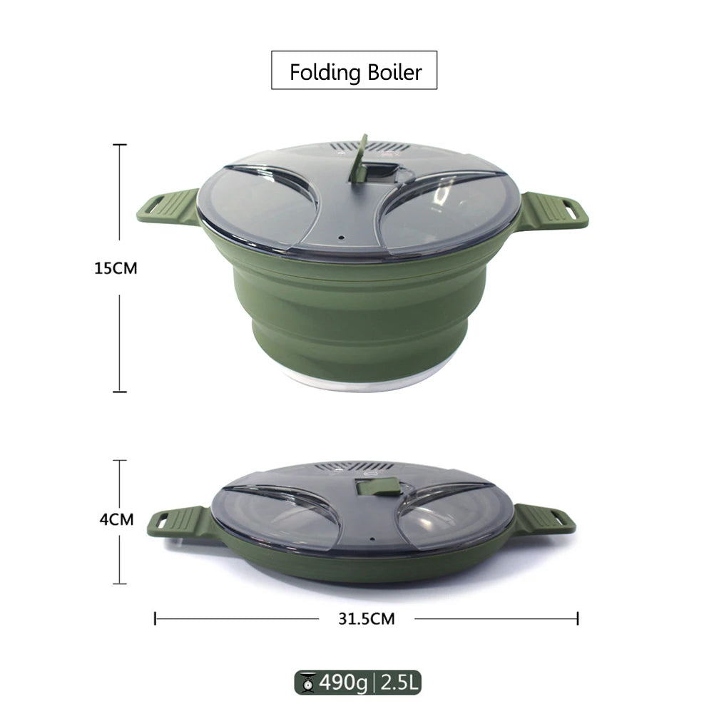 2.5L Silicone Folding Pot Portable Coffee Tea Cooking Pot Outdoor Picnic Camping Cookware Stirfry Heat-Resistant Kitchen cooker Zpaxo Army Green-1PCS