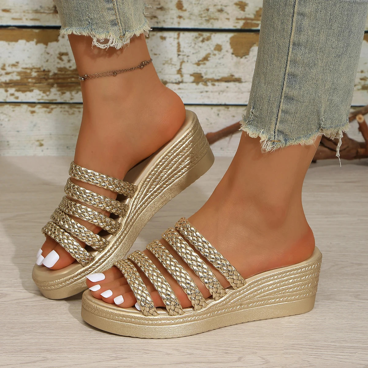 Women Wedges Sandals 2026 New Platform Sandals Women Thick Bottom Weave Strap Slippers Woman Plus Size High Heel Summer Shoes Zpaxo