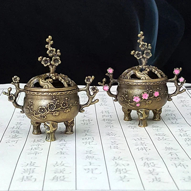 Mini Plum Blossom Lucky Incense Burner Metal Lotus Incense Burner Bowl Incense Holder With Handle Yoga Meditation Home Decor Zpaxo