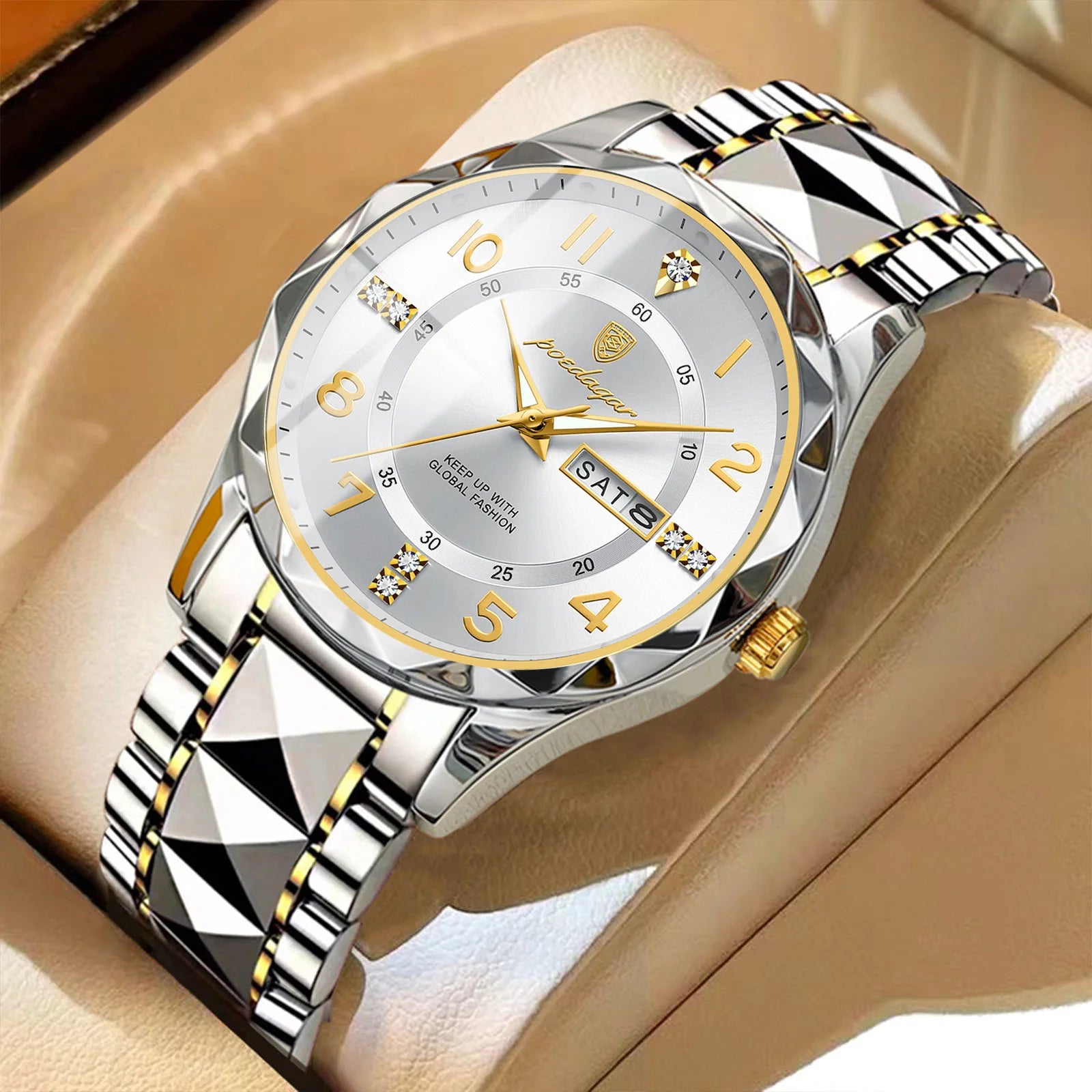 POEDAGAR Top Business Men Quartz Watch Waterproof Date Week Luminous Wristwatch Stainless Steel Fashion Men's Watches Man Clock Zpaxo 858 Gold White