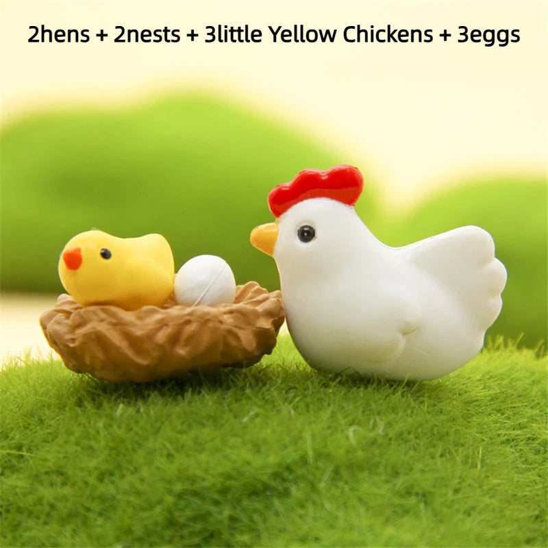 ▶10Pcs Figurines Cute Family Garden Miniatures Artificial Micro Landscape (2hens + 2nests + 3little Yellow Chickens + 3eggs) Zpaxo 1Set