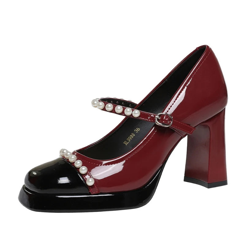 Retro Square Toe Thick Heel Shoes Waterproof Platform Pearl Heels Zpaxo