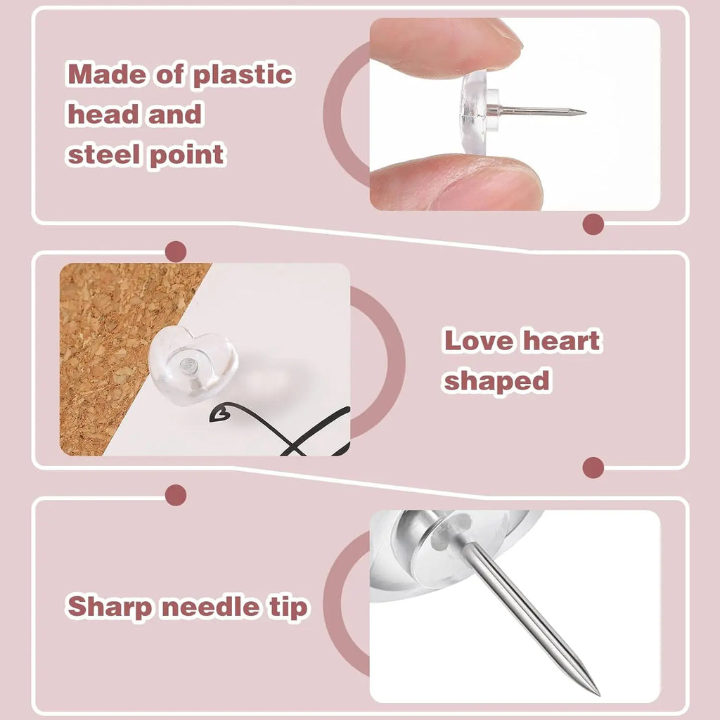 50-Pack Clear Heart Push Pins – Transparent Thumb Tacks Decorative Push Pins Zpaxo