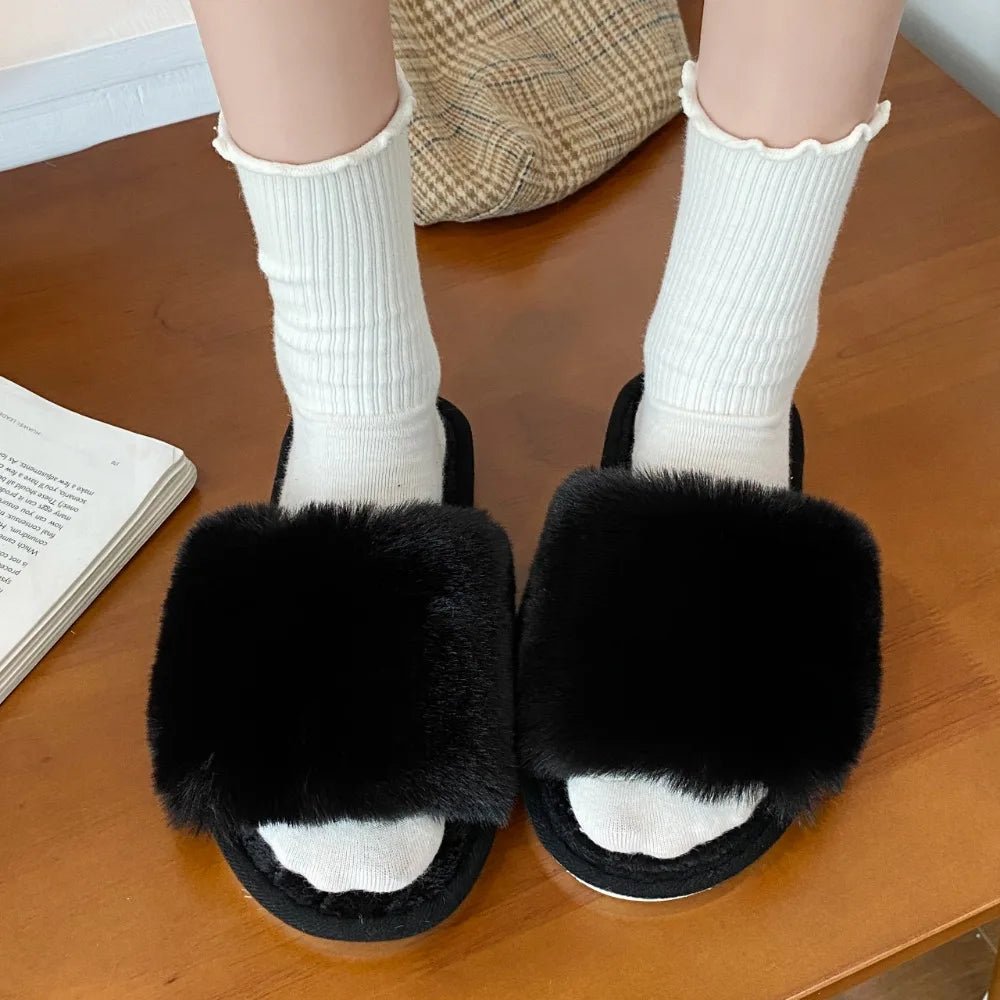 Casual Fluffy Slippers Women House Flat Warm Plush Designer Shoes