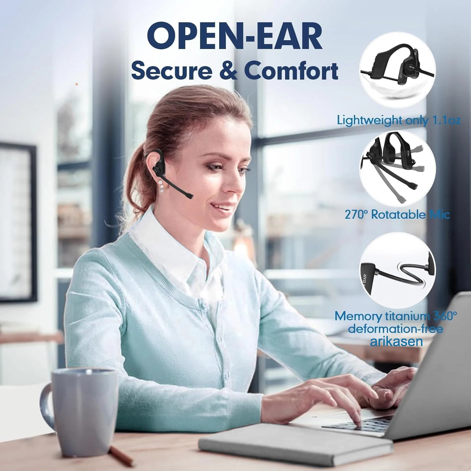Open Ear Headphones Mic Bluetooth Headset Noise Cancelling Microphone