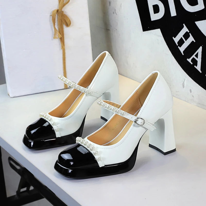 Retro Square Toe Thick Heel Shoes Waterproof Platform Pearl Heels Zpaxo