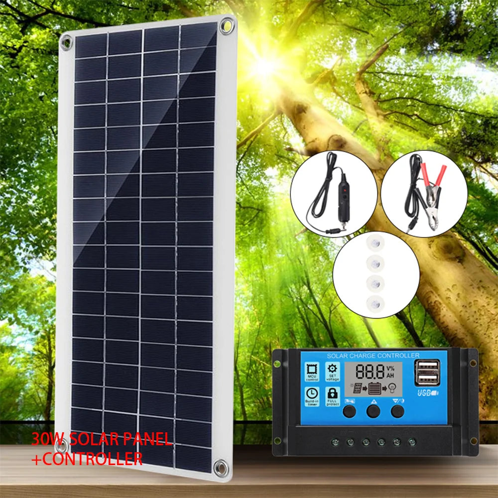 Solar Panel Set 30W Kit Controller Portable USB Generator System 12V 24V Electric Energy Power Charger Camping Board 10/20/30A Zpaxo
