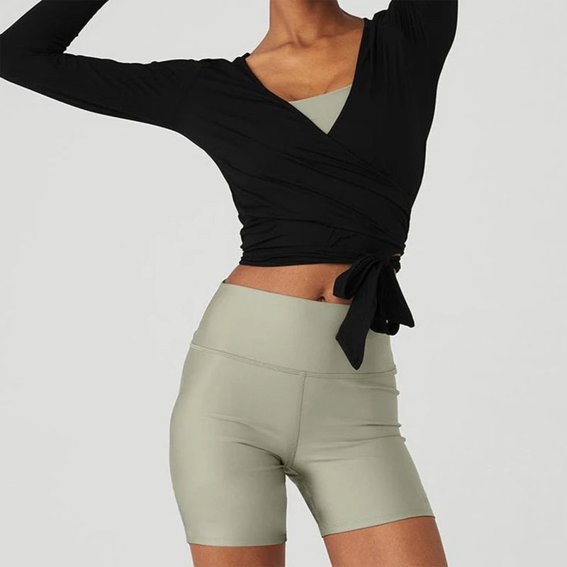 Women's Cross-tie Wrap Short Long Sleeves Deep V-neck Solid Slim Fit