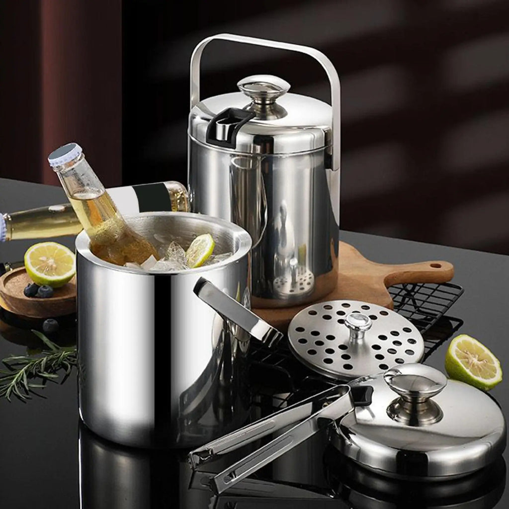 Ice Bucket Double-Walled Wine Cooler 1.3L Stainless Steel Insulated Ice Bucket with Tongs Handle and Strainer for Cocktail Zpaxo