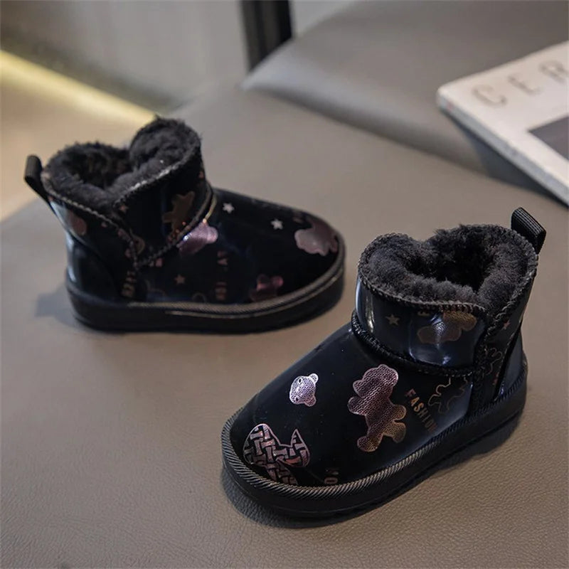 2023 Baby Girl Shoes Winter Kids Snow Boots Velvet Thickening Zpaxo Black-cartoon 35(insole 21.6cm) CN