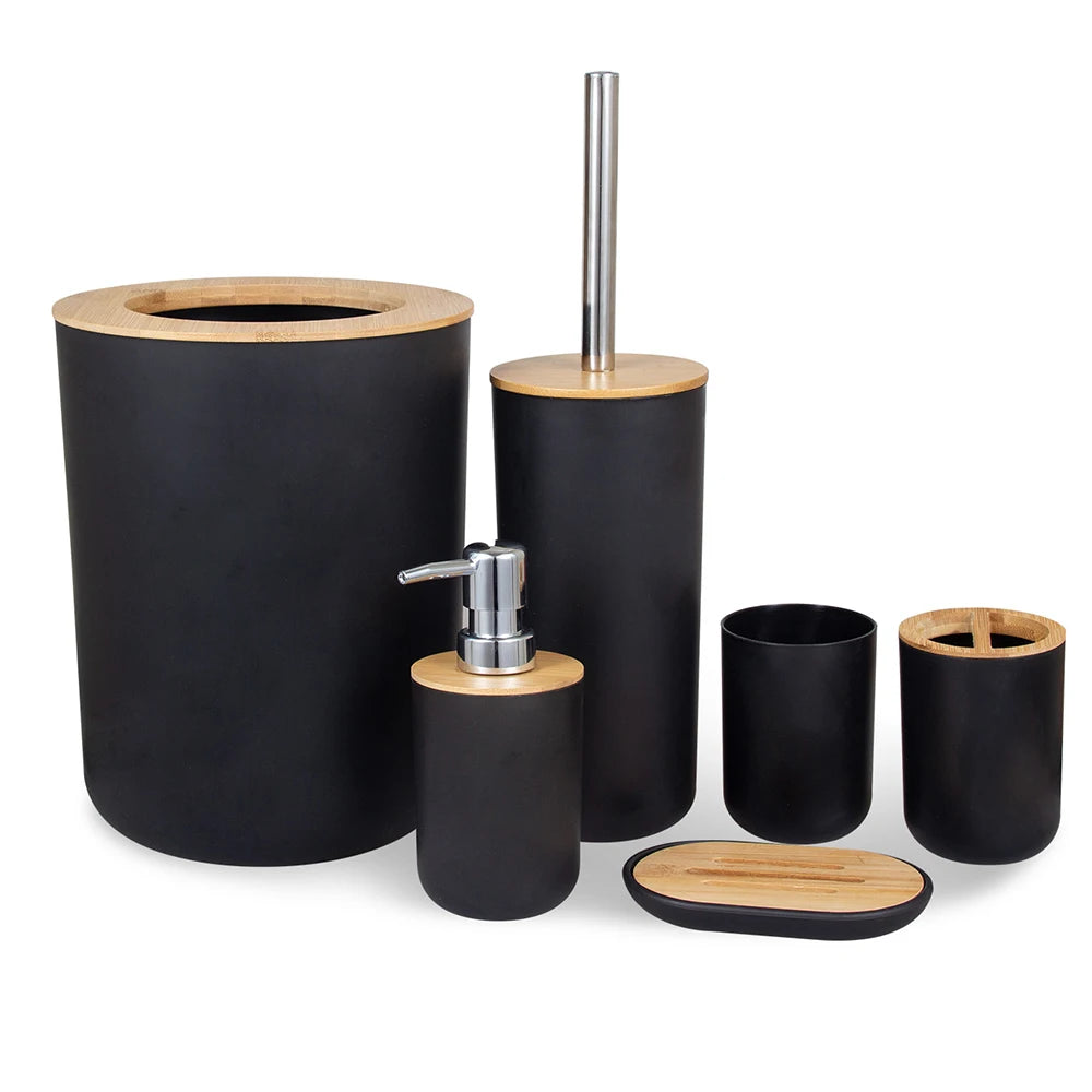 Soap Dispenser Box Toilet Brush Lotion Bottle Trash Can Bamboo Zpaxo black