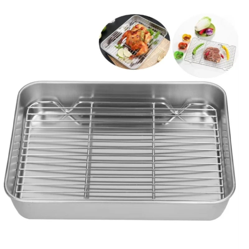 Baking tray With Wire Rack 304 Stainless Steel cake Baking BBQ Pan Tray plate Oven brownie Rack Cooking Roasting Grilling Tool Zpaxo