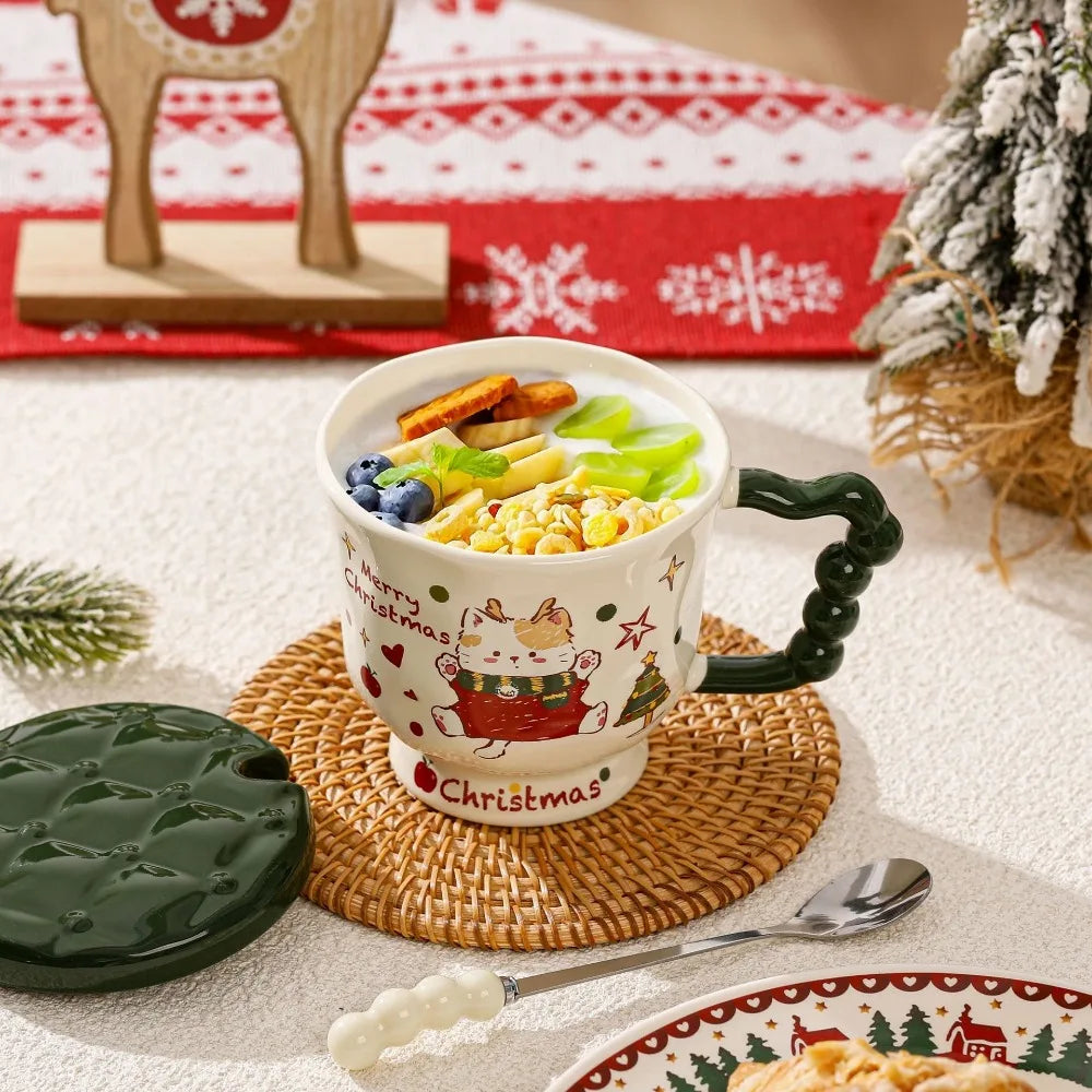 Christmas Cat Appearance Level Mark Ceramic Water Cup Lid Spoon Cute