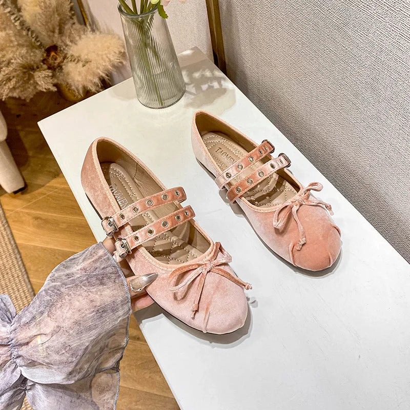 Flat Shoes for Women's Spring Autumn Ballet Shoes Mary Jane Velvet Round Toe Butterfly Bow Suede Plus Size Women's Shoes Zpaxo