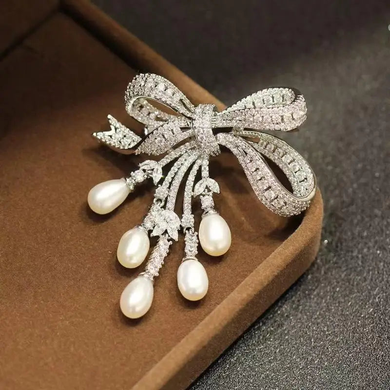 Handmade Luxury Zircon Pearl Bowknot Tassel Pin Stunning Brooch Zpaxo