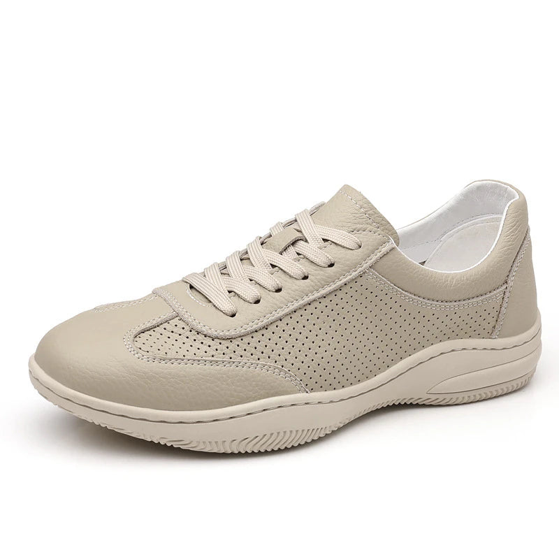 Mens Beige Leather Breathable Perforated Casual Sneakers Low Lace Up Zpaxo
