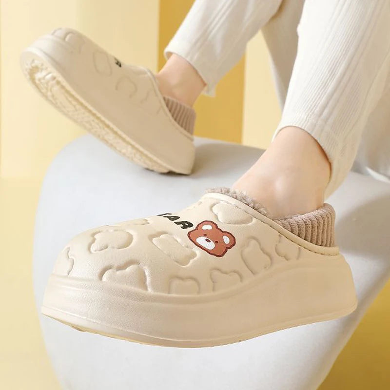 Cute Bear Waterproof Cotton Slippers Women Warm Lightweight Anti Slip