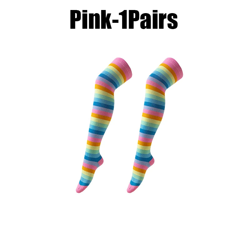 Women's Rainbow Stripe Thigh Socks Length Party Holiday Performance