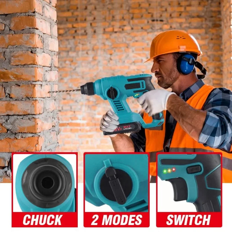1000W 3600rpm Cordless Electric Rotary Hammer Rechargeable 8600ipm