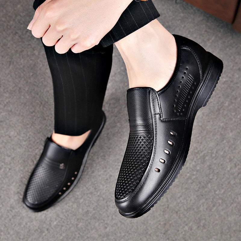 Mens Black Leather Perforated Slip Loafers Breathable Soft Sole Zpaxo