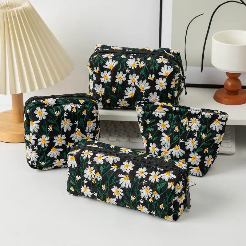 Floral Embroidery Canvas Cosmetic Bag – Travel Makeup Organizer