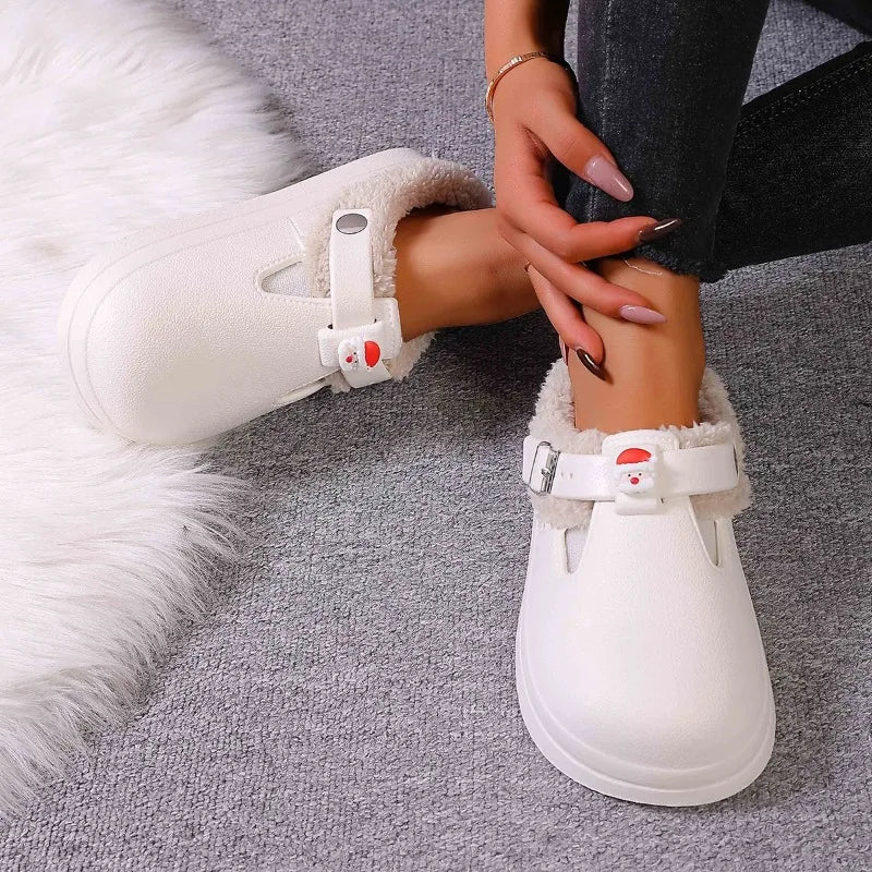 Waterproof Eva Furry Mules Slippers Women Winter Metal Buckle Warm