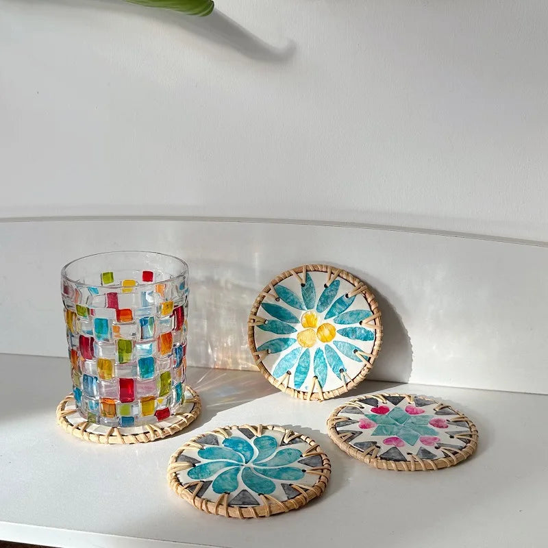 Handmade Colorful Rattan Coaster – Heat-Insulating Table Mat Woven Table Coaster Zpaxo