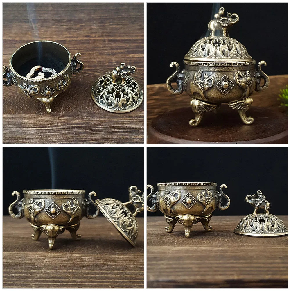 Mini Copper Incense Burner Tripod Stand Lid Elephant Motif Hollow-out