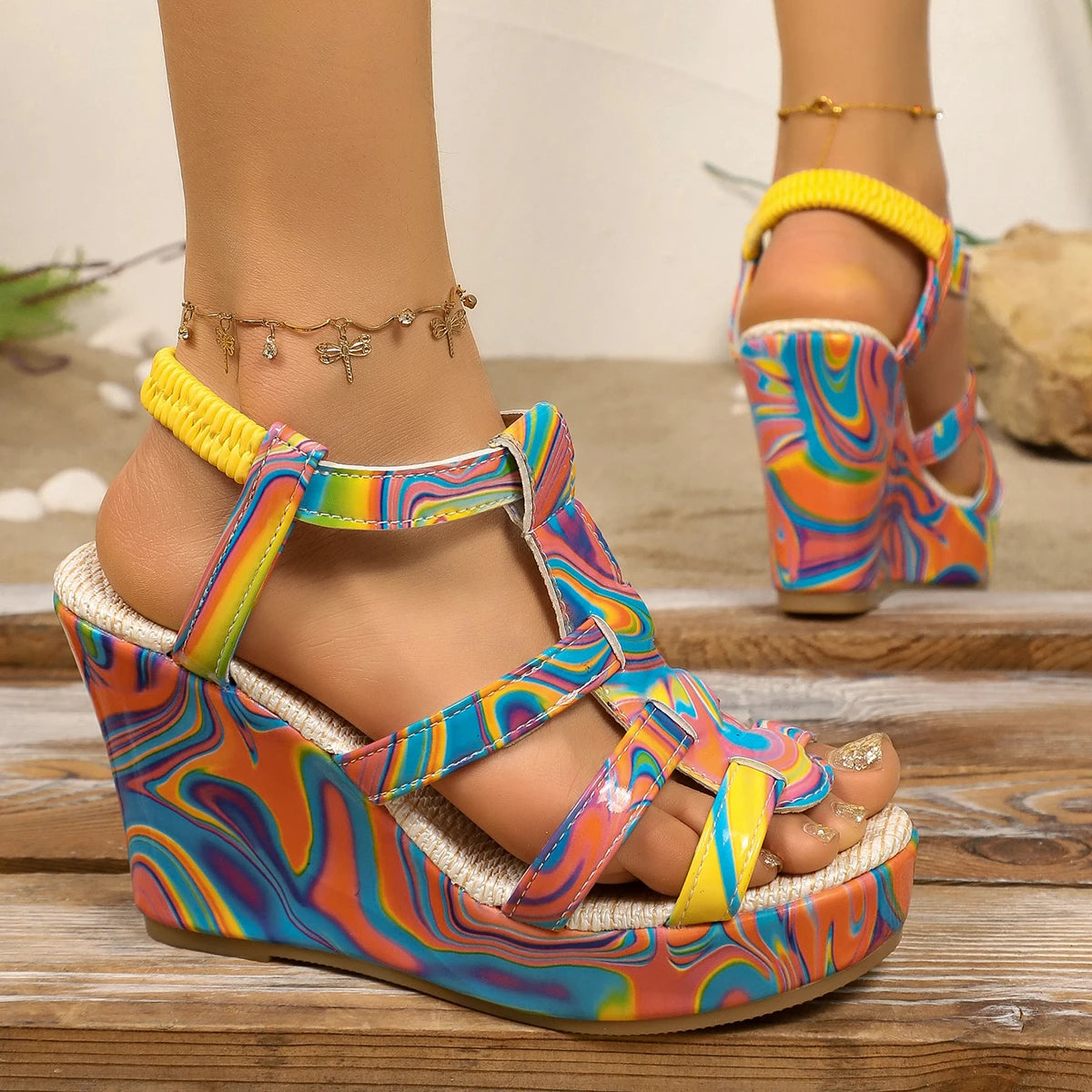 Women Sandals Round Toe Open Toe Shoes Summer Wedge Platform High Heels Sandals Platform Anti-Slip Wear-Resistant Shoes Women Zpaxo