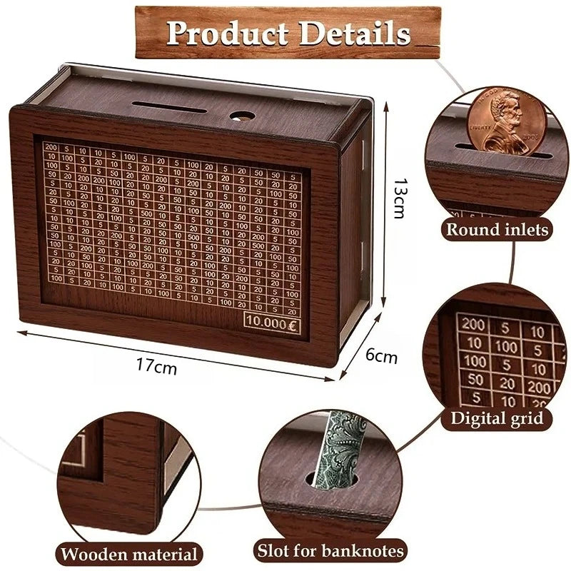 1000/3000/5000/10000 Euro Money Box Wooden Piggy Bank Reusable Money Vault Savings Box Challenge Cash Storage Case Children Zpaxo