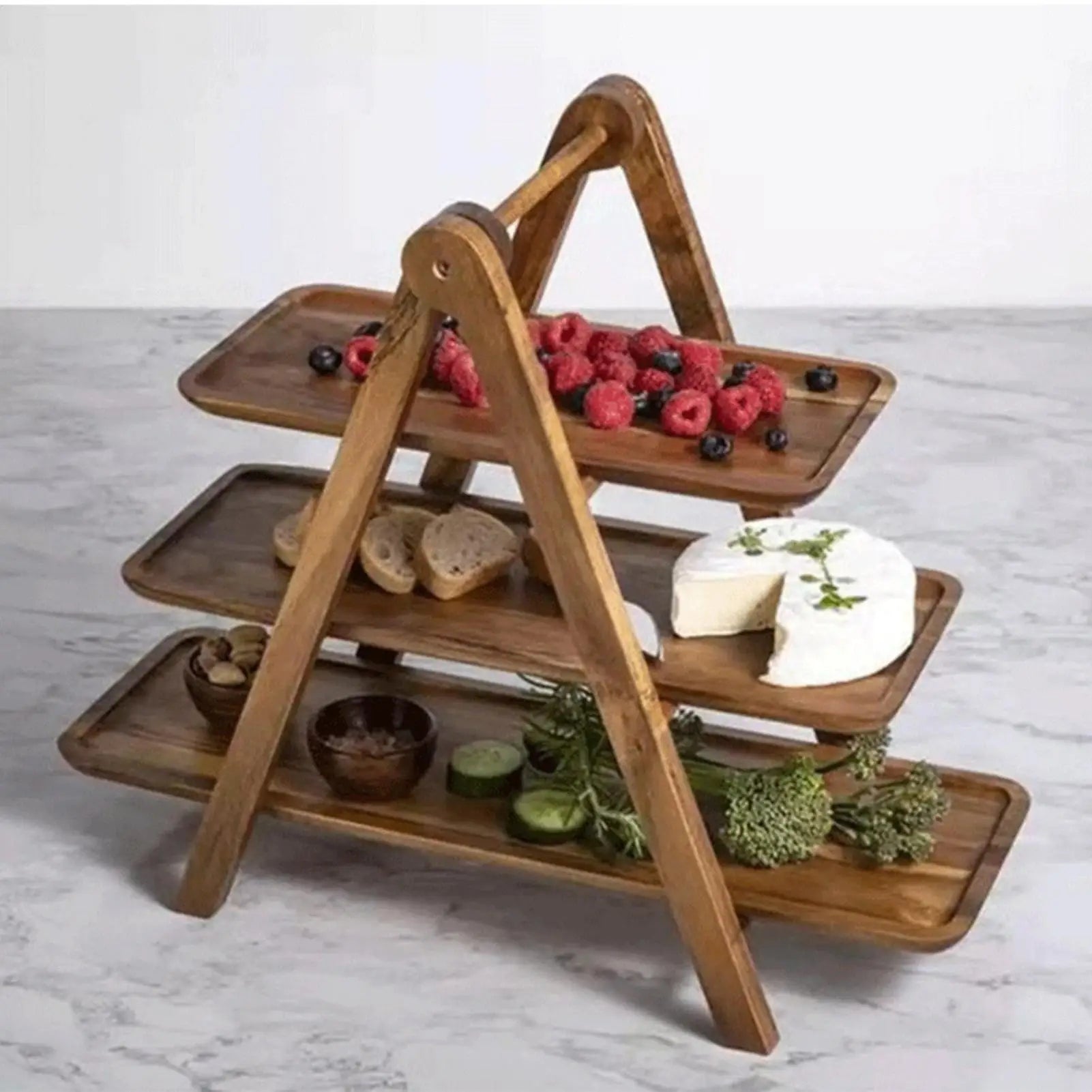 3 Tier Serving Tray Rectangle Detachable Wooden Platter Food Party