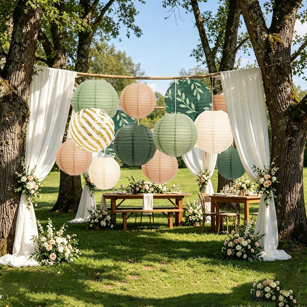 Sage Green Paper Lanterns Rustic Wedding Decorations Background Retro