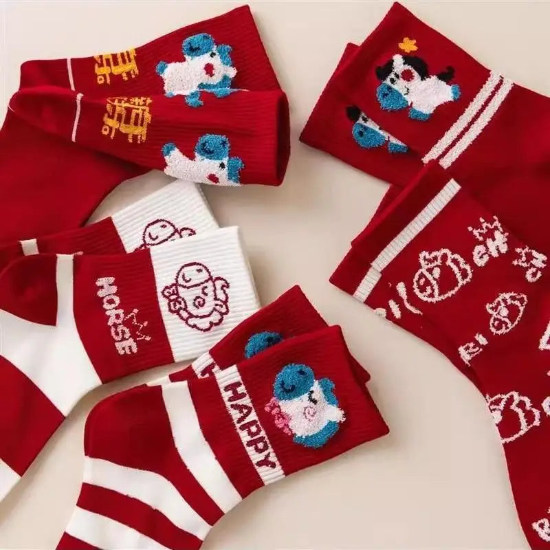 Cute Cartoon Zodiac Year Horse Autumn Winter Warm Mid-tube Socks Red Zpaxo