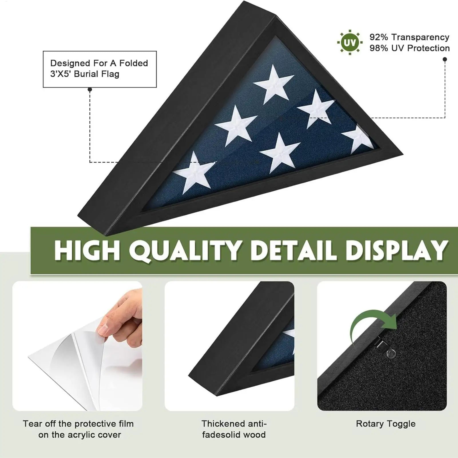 Burial Flag Display Case Wooden Shadow Box Memorial Glass Wall