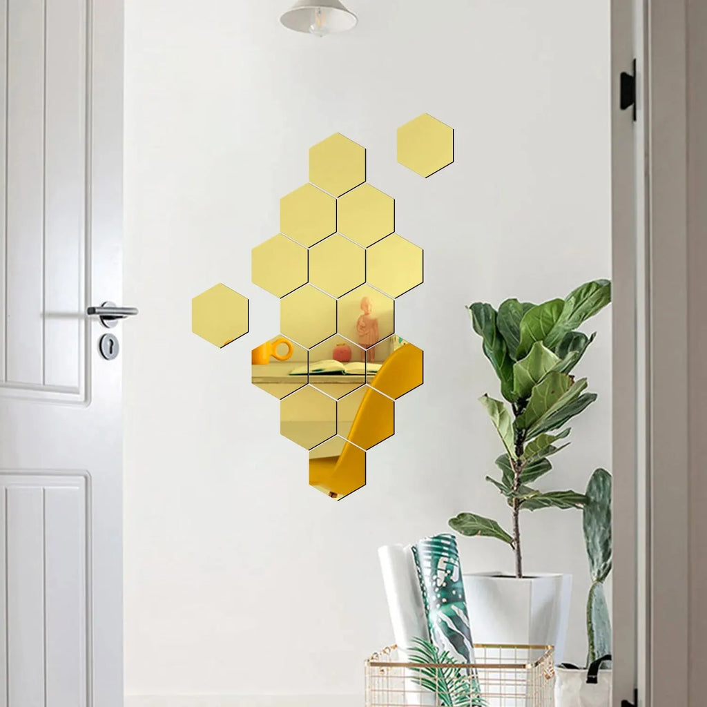 Lot Removable Geometric Mirror Wall Stickers Solid Hexagonal Shape