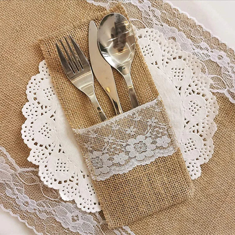 10- Burlap Lace Cutlery Pouch Party Tableware Decor Vintage Jute Zpaxo
