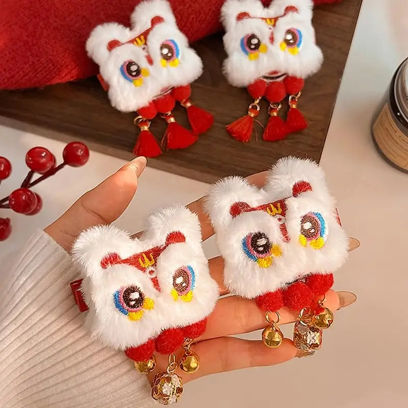 Chinese Lion Dance Pompom Tassel Hair Clips – 2pcs Barrette Set