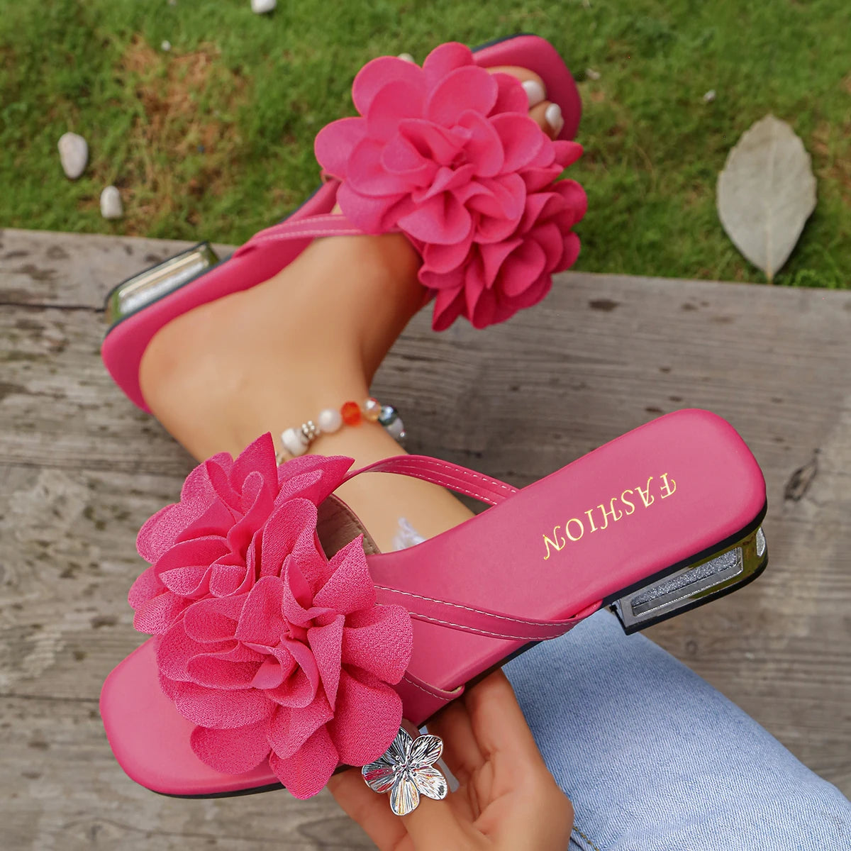 Women Sandals Summer Large Size Fashion Slippers Floral High Heel Open Toe Sandals Women Casual Retro Female High Heel Shoes Zpaxo Rosy Red 42