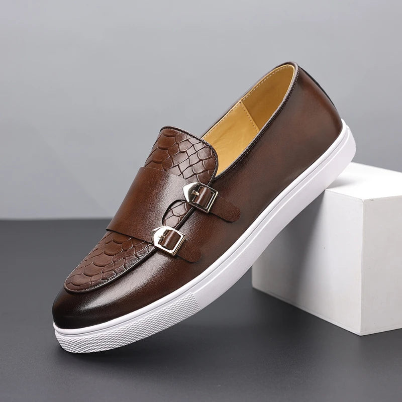 Mens Brown Crocodile Embossed Leather Monk Strap Loafers Slip Casual Zpaxo