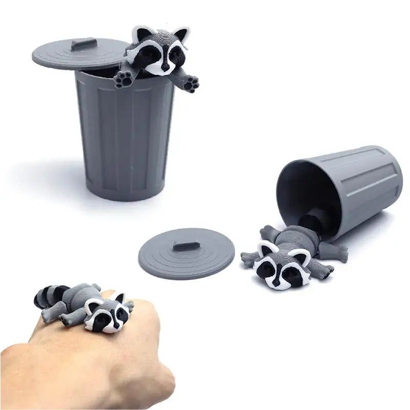 3D Printed Articulated Raccoon Fidget Toy & Trash Can Set