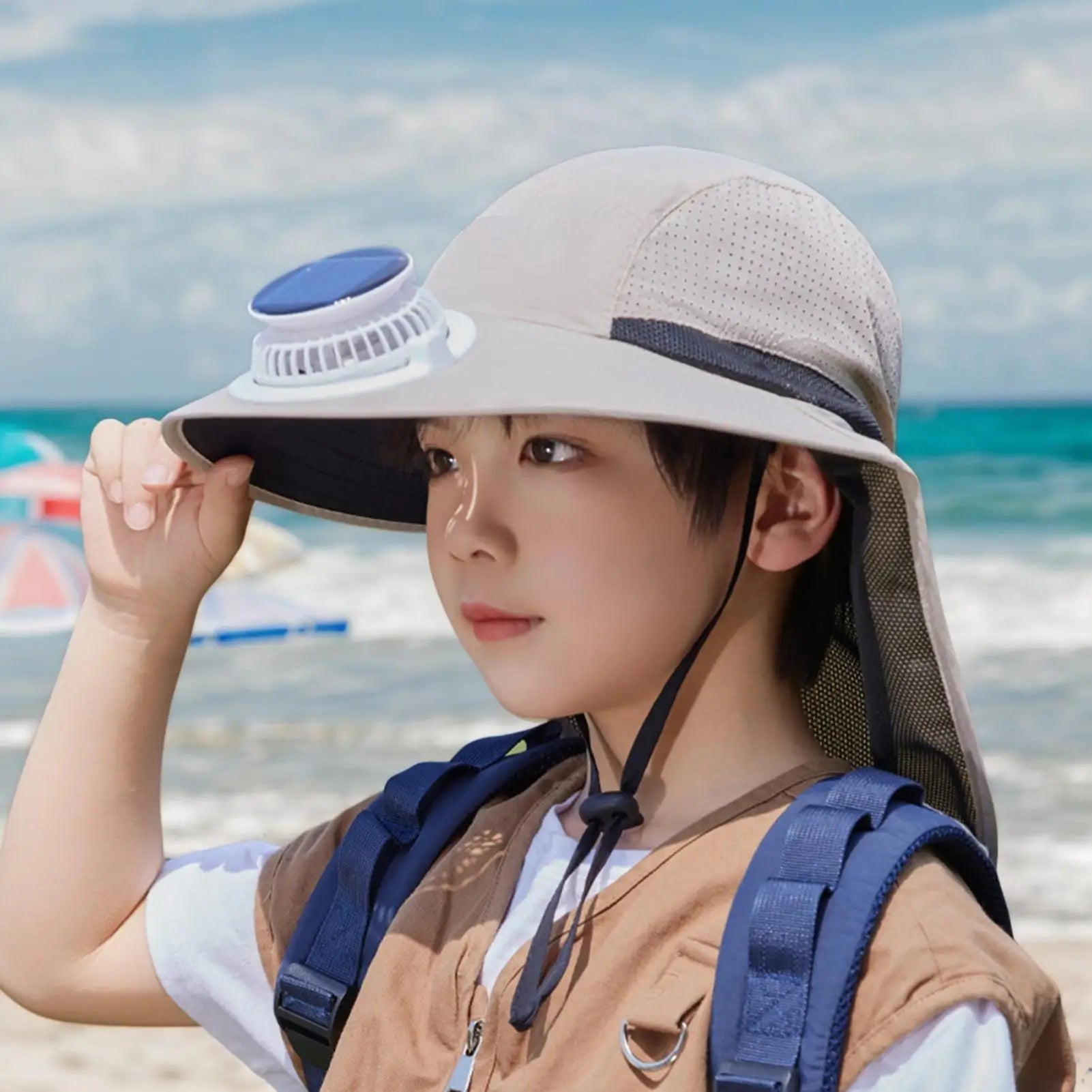 Solar Fan Sun Hat Kids Wide Brim Cooling Day Sunscreen Cap Outdoor Zpaxo