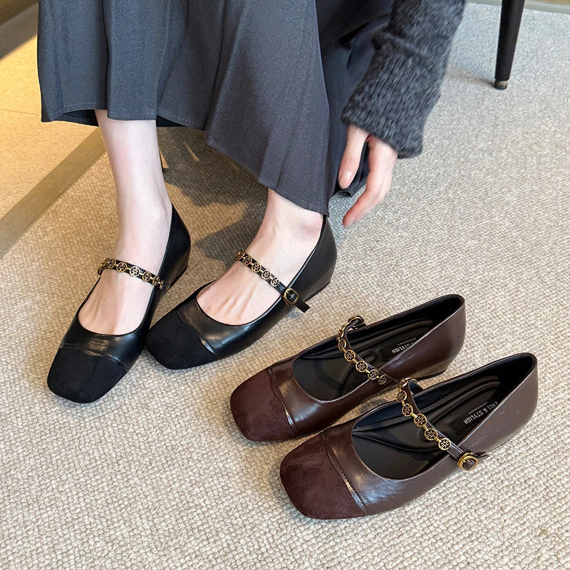 Womens Black Brown Two Tone Square Toe Mary Jane Flats Gold Chain Zpaxo