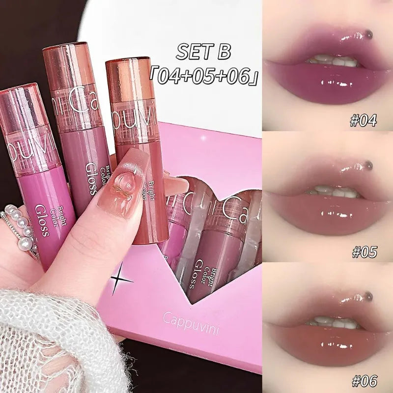 3PCS Water Light Mirror Lip Gloss Set Hydrating Lightweight Liquid Lipstick Nature Moisturizing Lip Tint Lips Makeup Cosmetics Zpaxo CP419-SETB
