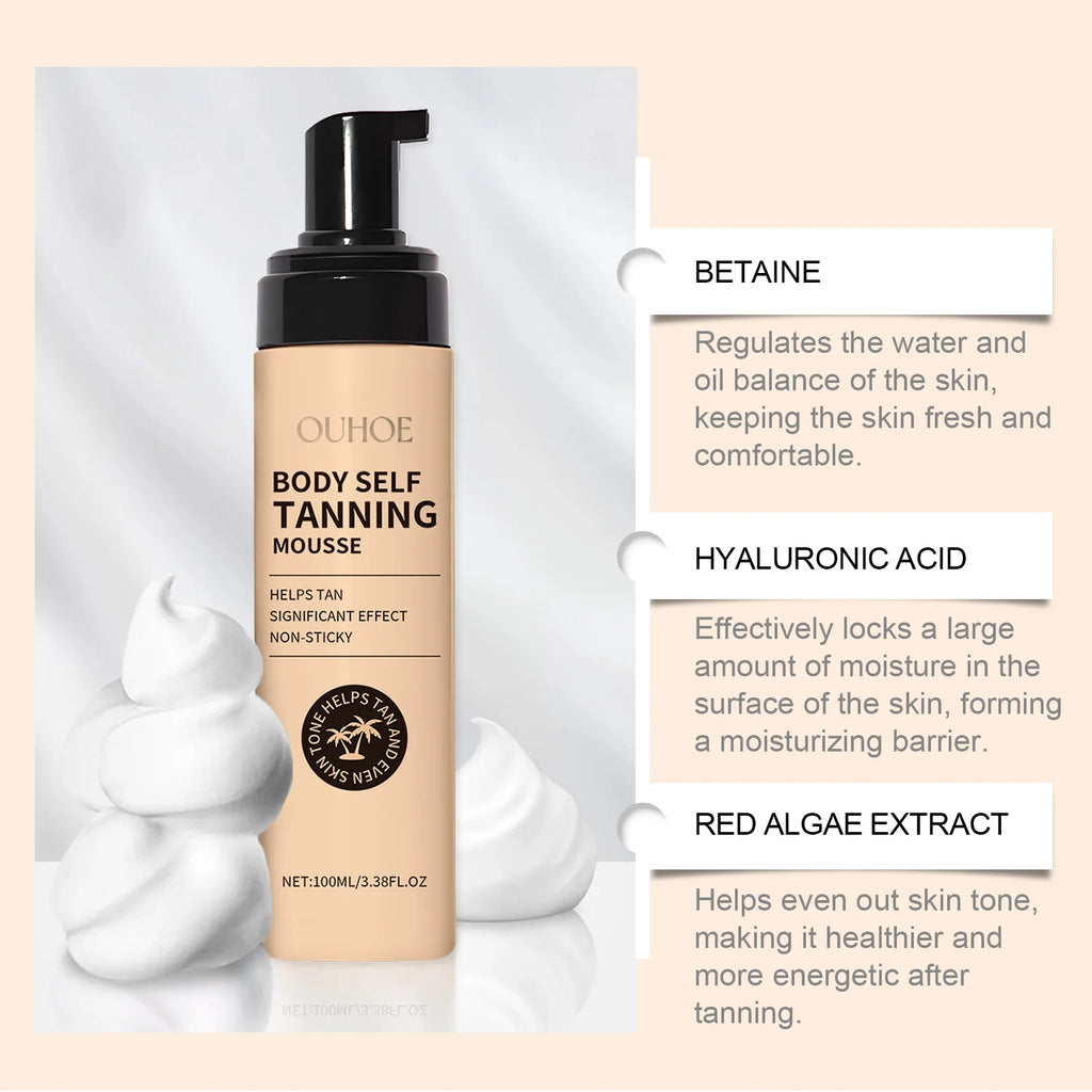 Ouhoe 100ml Sunless Self Tanning Mousse QuickDry Bronze Bronzer Natural Looking Tan for Face and Body Waterproof Outdoor Formula Zpaxo