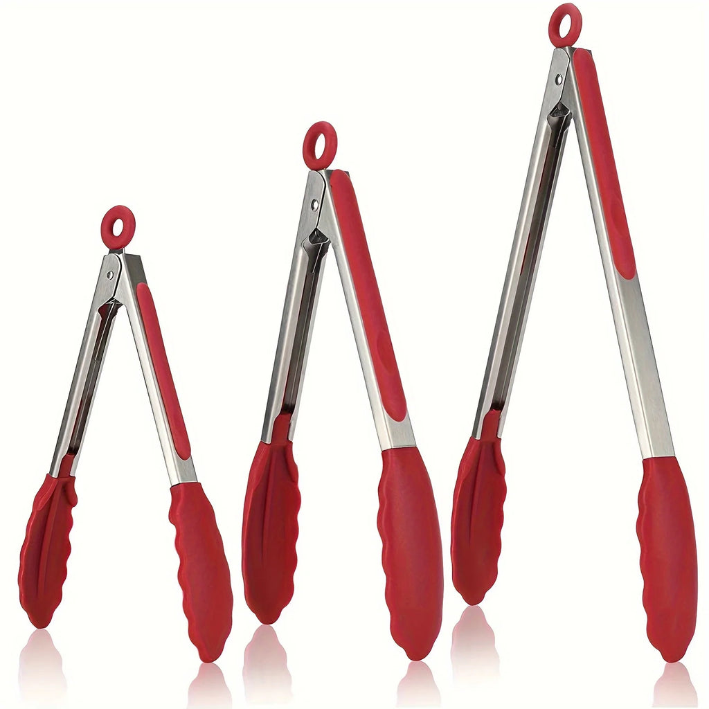 Pointed-end Barbecue Clamps, Red Black Silicone Handle Grill Tongs for Cooking, BBQ, Baking, Salad, Serving Kitchen Utensil Zpaxo