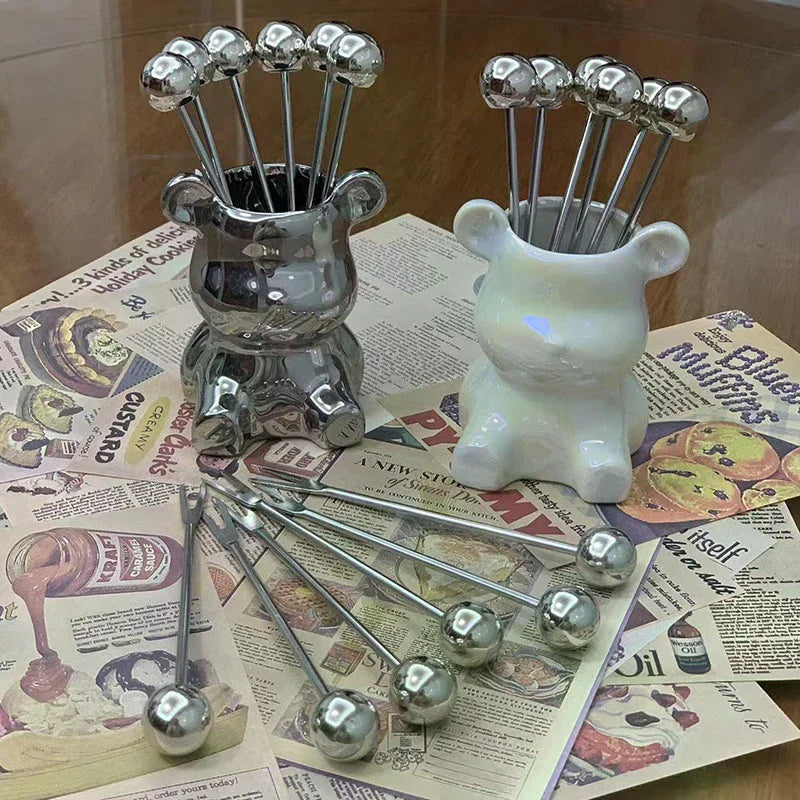Stainless Steel Dessert Forks Storage Jar Cute Bear Utensils Party Zpaxo