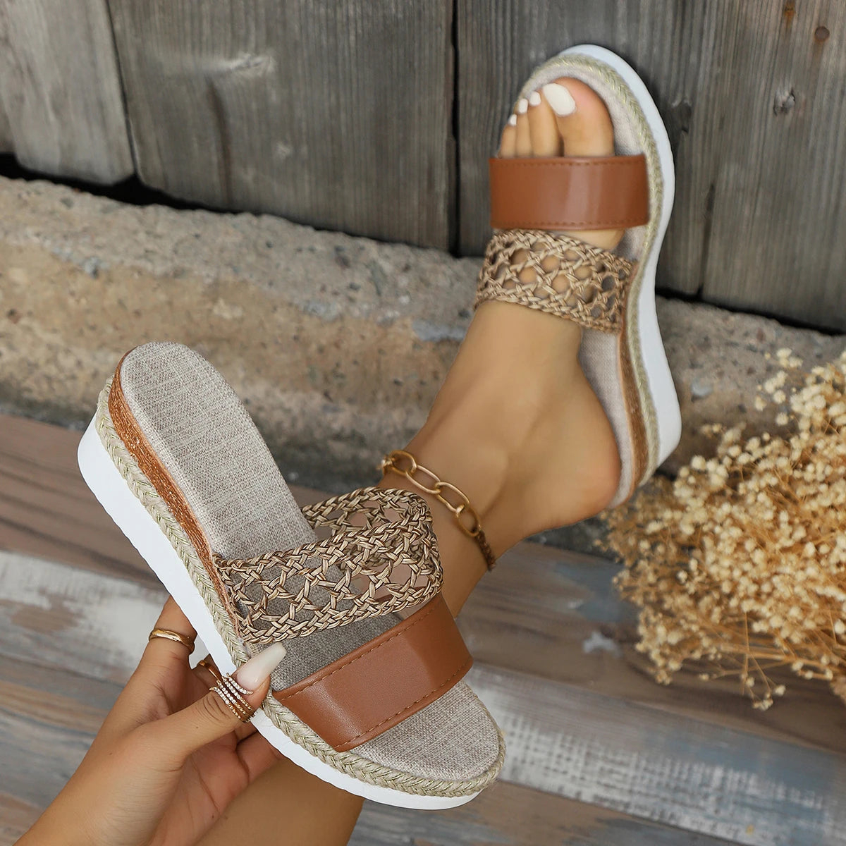 Women Sandals Fashion Retro Beach Sandals Outdoor Casual Wedge Slippers Women Platform Comfortable Shoes Women Zapatos De Mujer Zpaxo Brown 42