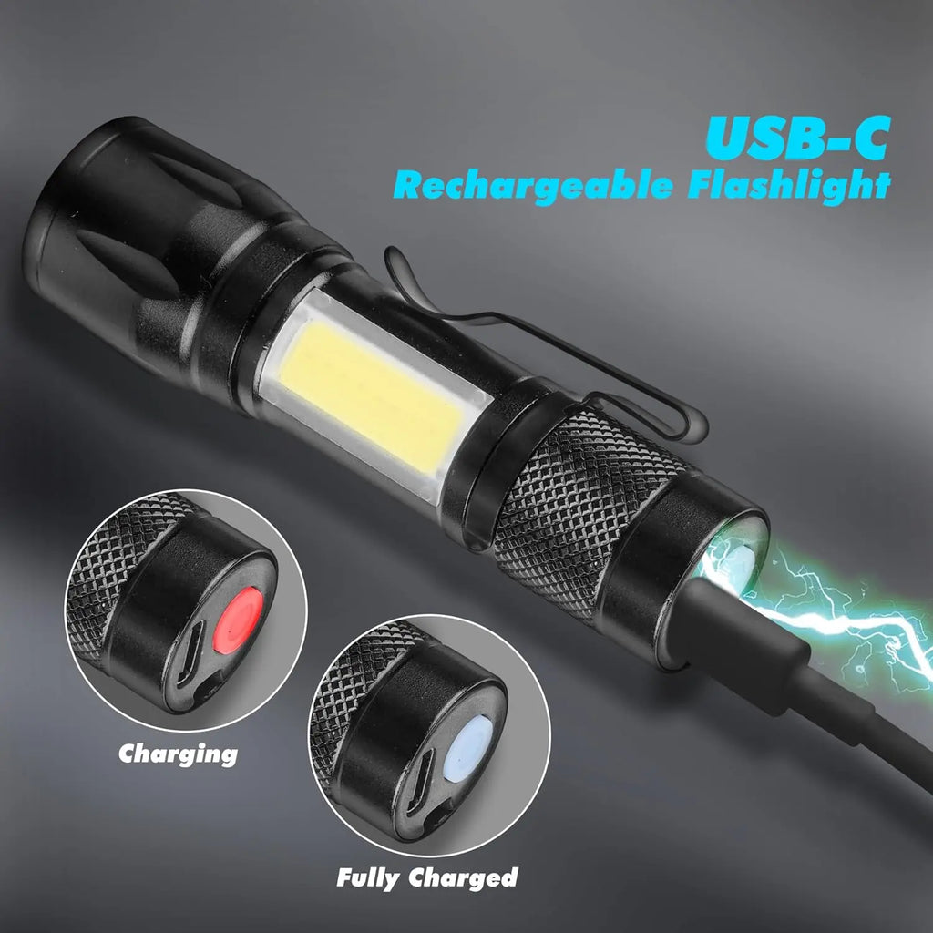 COB+XPE Mini LED Pocket Flashlight | USB Rechargeable Zoomable Torch