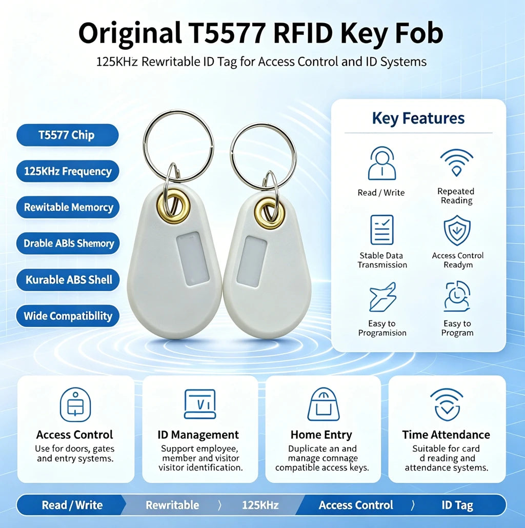 125KHz EM4305 T5577 RFID Key Tags Ring Blank Chip Copy Writable Grey Zpaxo